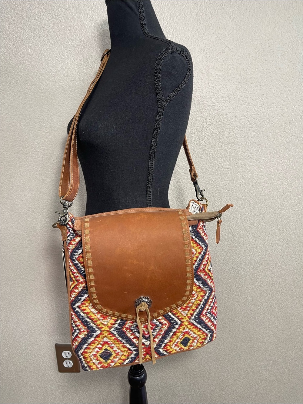 Myra Peanut Brown Crossbody Bag Small Boho Western Leather Canvas Shoulder Bag